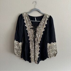 Free People Black Print Long Sleeve Peasant Tunic Small